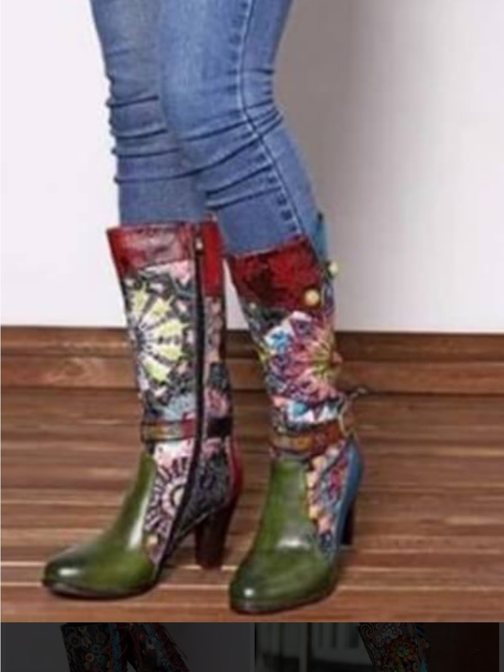 Boho Floral Patchwork Mid-Calf Heeled Boots - Olive Green Vibrant Mandala Fabric